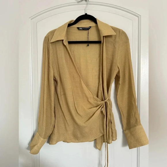 Zara Chiffon Wrap Shirt with Side Tie in Olive NWOT size XS - Picture 7 of 12